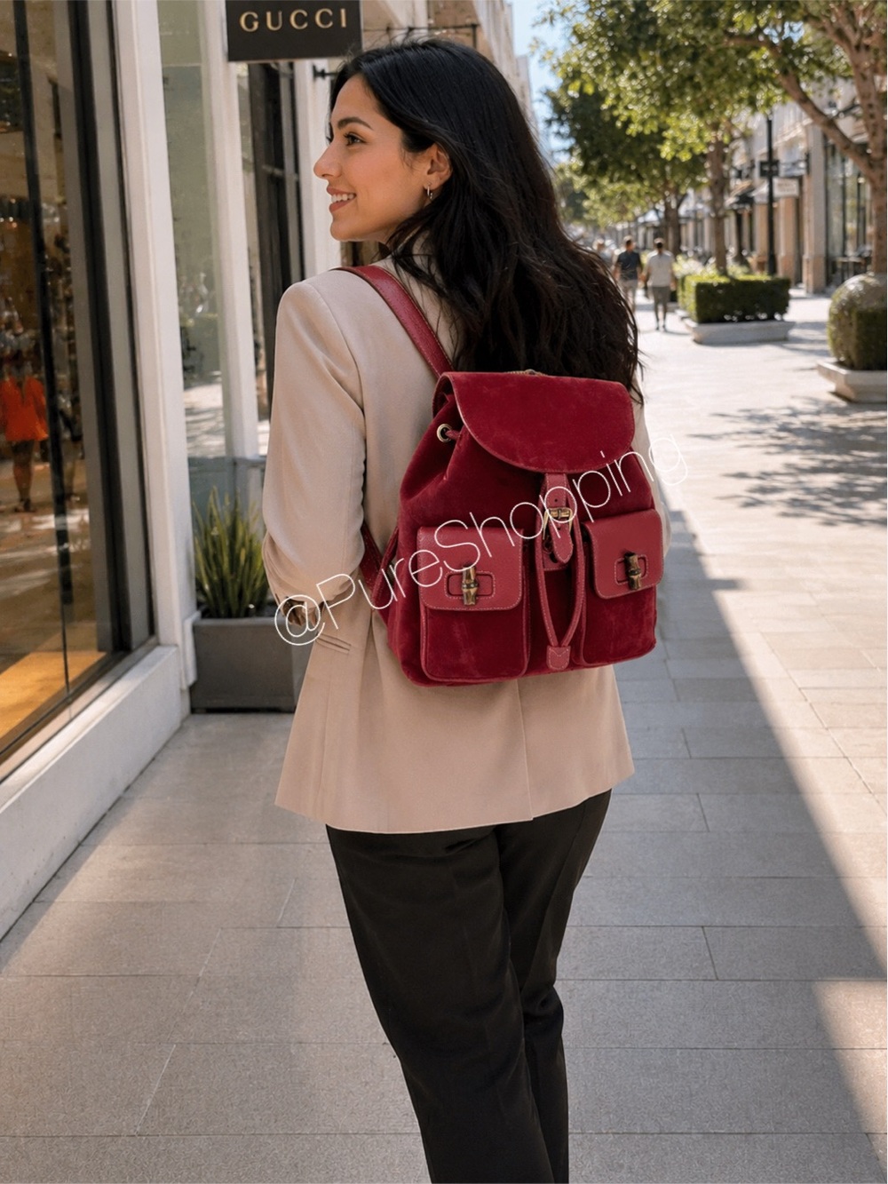 𝑳𝒊𝒌𝒆 𝒏𝒆𝒘 Gucci Burgundy Suede Backpack with Bamboo Accents